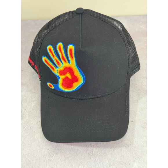 Emrzz Thermal Black Trucker Hat Hand Print Rainbow Snapback - Picture 1 of 13